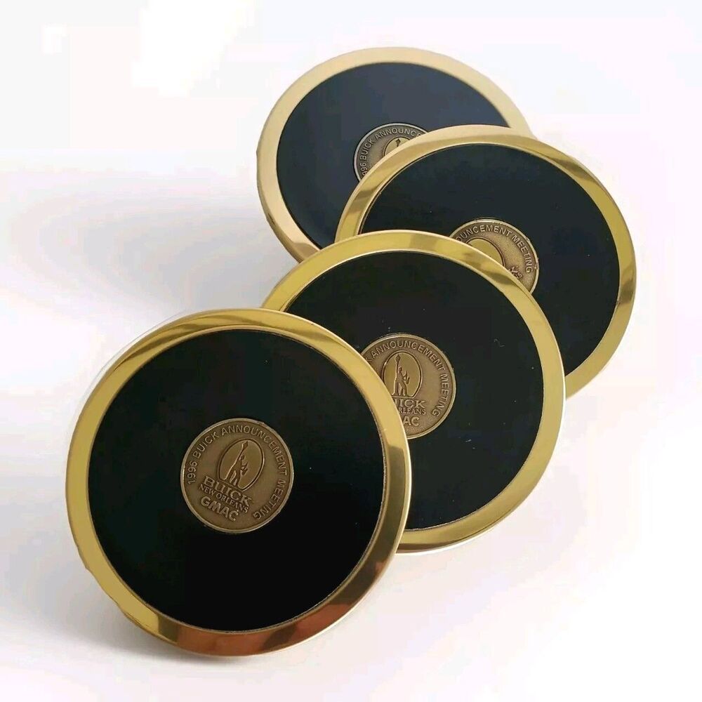 1996 Buick Brass/Leather Drink Coasters Barware Set Vtg Automobile Car Bar Decor